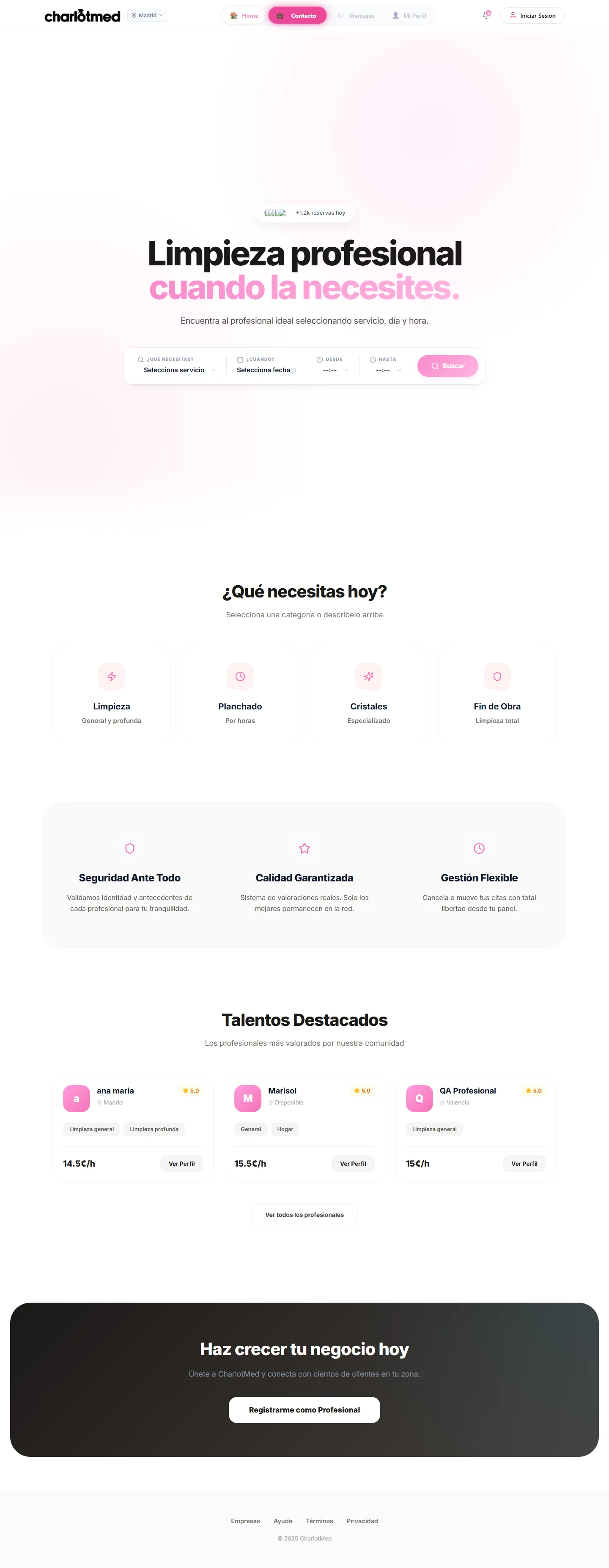 Web de Charlotmed con servicios y búsqueda de profesionales